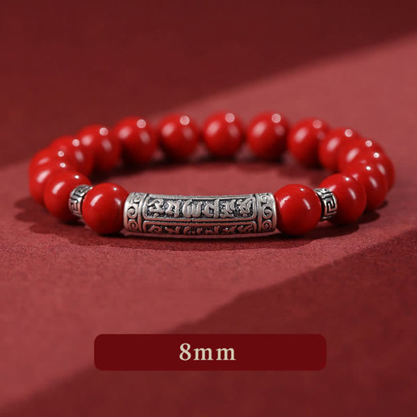 Cinnabar Sterling Silver Six True Words Bracelet – macro on dark red, silver relief carving detail, 8mm bracelet