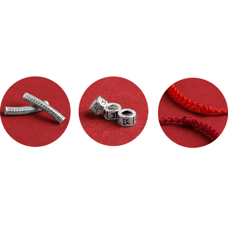 999 Silver Heart Sutra Bracelet – Three circular detail crops of silver beads, ring charms, and braided cord texture