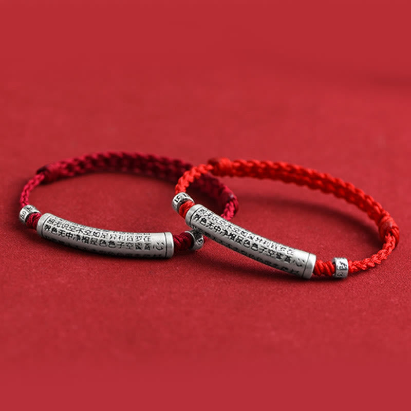 999 Silver Heart Sutra Bracelet – Two red cord variants with silver sutra cylinders shown together, lucky bracelet pair