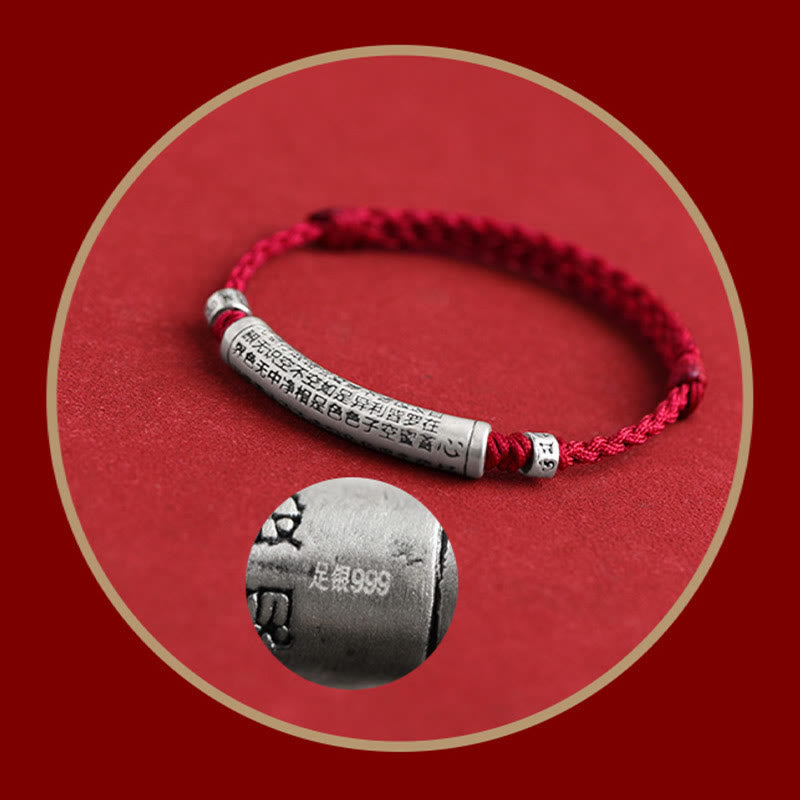 999 Silver Heart Sutra Bracelet – Red cord with 999 silver purity stamp close-up, Heart Sutra engraved bead