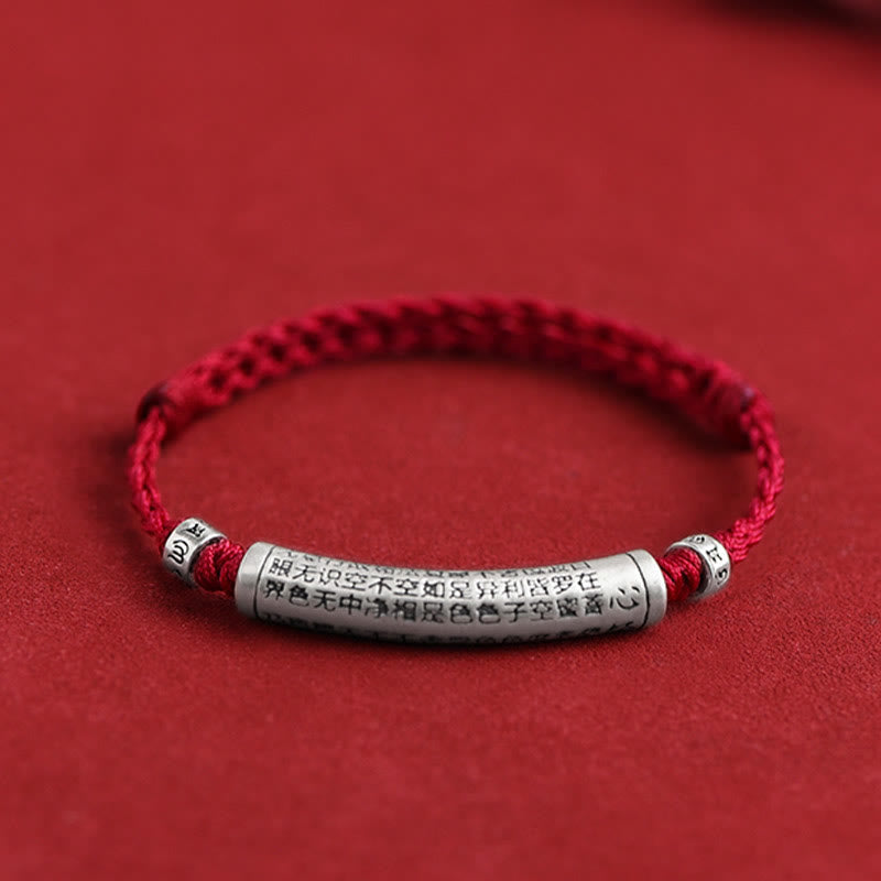 999 Silver Heart Sutra Bracelet – Single red cord bracelet with engraved silver cylinder charm, red string jewelry