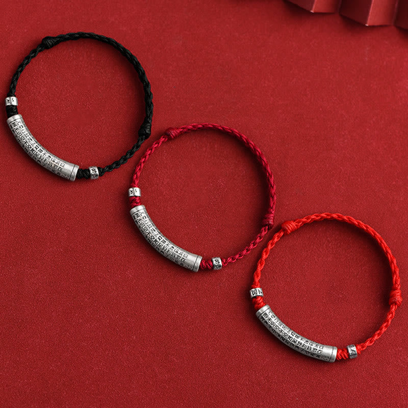 999 Silver Heart Sutra Bracelet – Three color variants in red and black cord with silver mantra beads, woven bracelet set