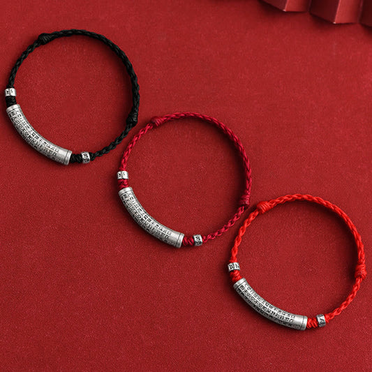 999 Silver Heart Sutra Bracelet – Three color variants in red and black cord with silver mantra beads, woven bracelet set