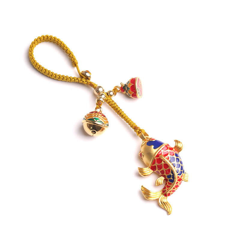 Colorful Koi Fish Hollow Bell Key Chain - koi keychain with red-blue scales, yellow cord and lotus bell on white