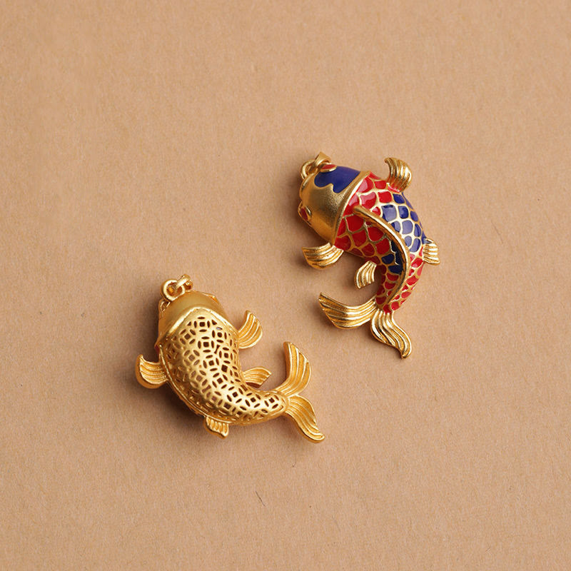 Colorful Koi Fish Hollow Bell Key Chain - two koi charms comparison, gold filigree and red-blue enameled on beige