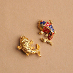 Colorful Koi Fish Hollow Bell Key Chain - two koi charms comparison, gold filigree and red-blue enameled on beige