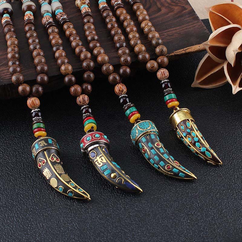 Wenge Wood Horn Pendant Necklace – Four pendants on leather with wooden beads, ethnic jewelry