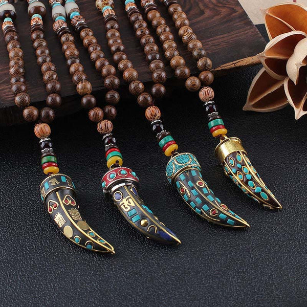 Wenge Wood Horn Pendant Necklace – Four pendants on leather with wooden beads, ethnic jewelry