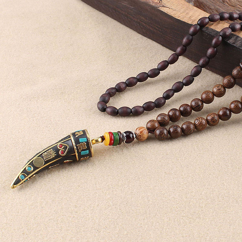 Wenge Wood Horn Pendant Necklace – Single turquoise-inlaid pendant on wood block, Tibetan necklace