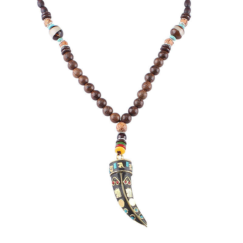 Wenge Wood Horn Pendant Necklace – White background studio shot with colorful inlay, Tibetan jewelry