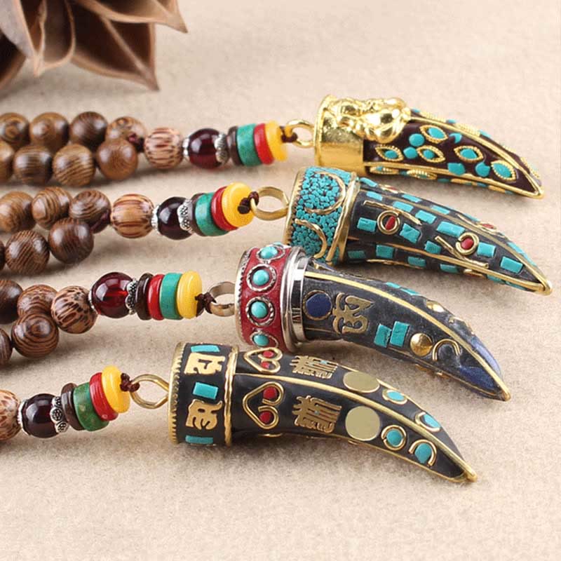 Wenge Wood Horn Pendant Necklace – Four variant pendants with wood beads, mens spiritual necklace