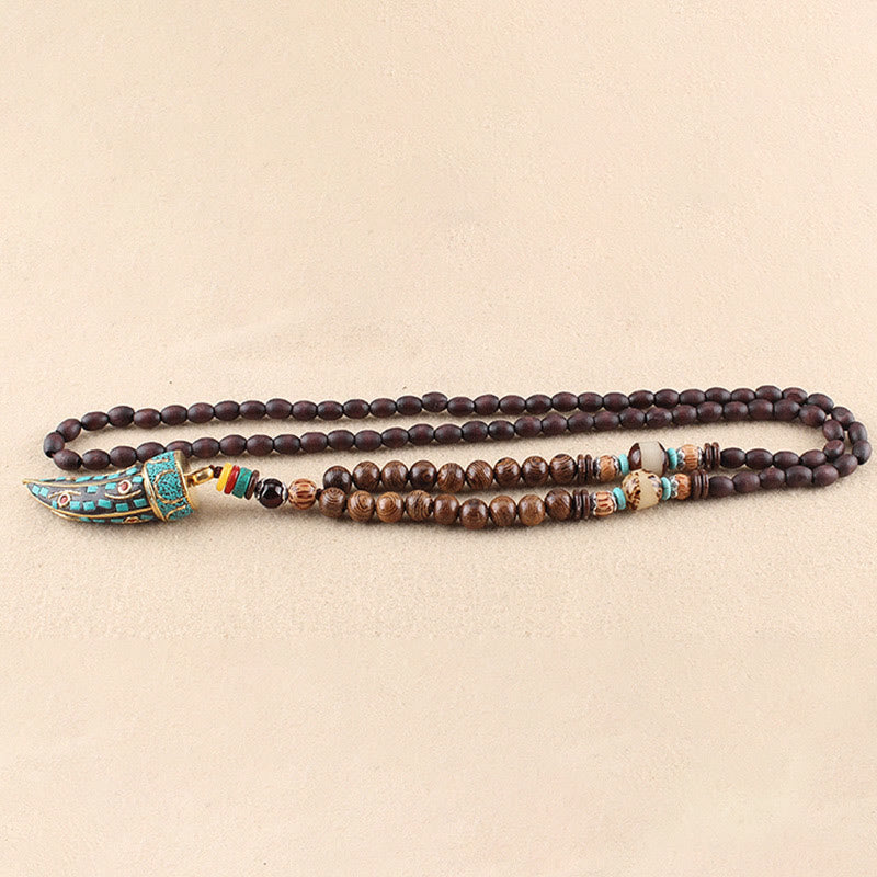 Wenge Wood Horn Pendant Necklace – Clean flat lay showing full bead strand and pendant, mens jewelry