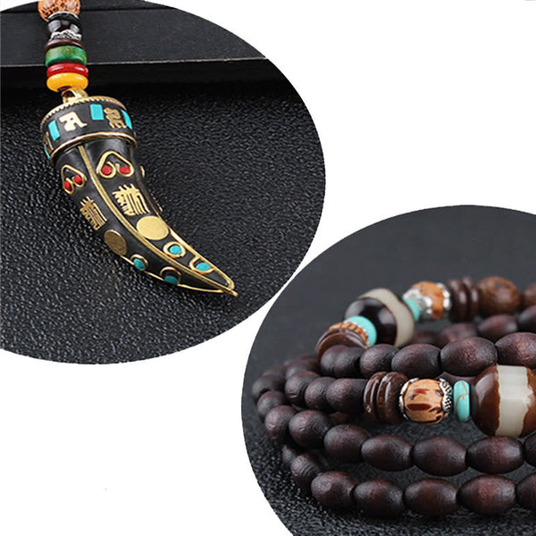 Wenge Wood Horn Pendant Necklace – Dual close-up circles of pendant and bead strands, horn jewelry