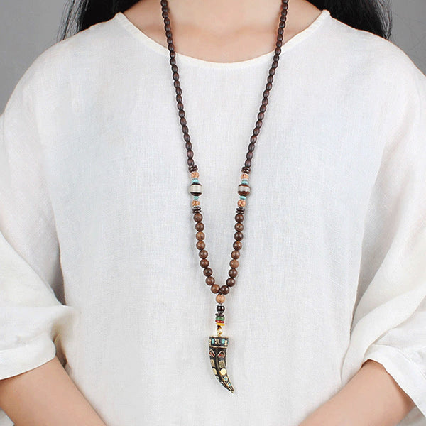 Wenge Wood Horn Pendant Necklace – Worn on model in white top showing pendant length, mens necklace