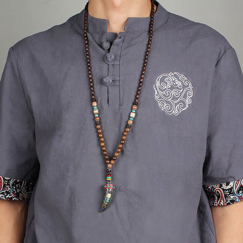 Wenge Wood Horn Pendant Necklace – Worn with traditional Chinese shirt, spiritual mens jewelry