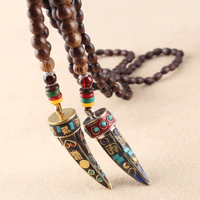 Wenge Wood Horn Pendant Necklace – Two bullet-shaped pendants with colorful stone inlay, ethnic jewelry