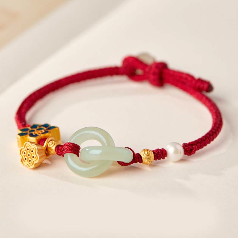 Hetian Jade Lotus Peace Buckle Bracelet – Interlocking jade rings with enamel flower, jade bracelet