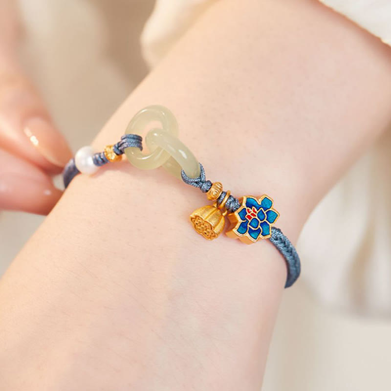 Jade Ring Charm Bracelet Worn – Interlocking jade on wrist close-up, jade bracelet