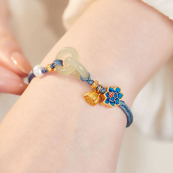 Jade Ring Charm Bracelet Worn – Interlocking jade on wrist close-up, jade bracelet