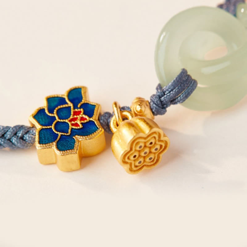 Blue Cord Jade Bracelet Detail – Enamel lotus flower with seed pod charm, jade bracelet