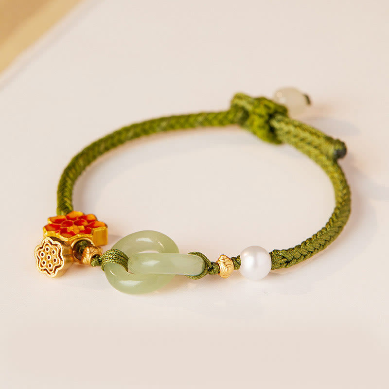 Green Cord Jade Bracelet – Interlocking jade rings with red enamel flower, jade bracelet