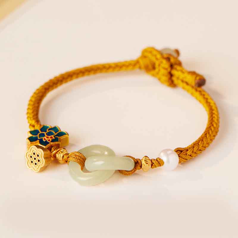 Gold Cord Jade Bracelet – Interlocking jade rings with blue enamel charm, jade bracelet