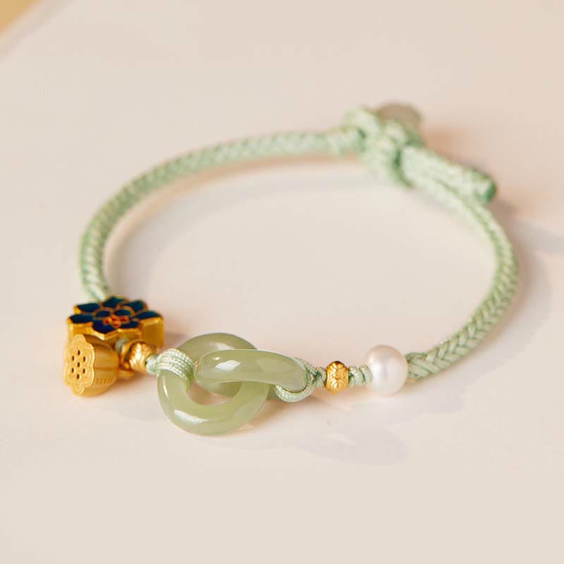 Mint Cord Jade Lotus Bracelet – Interlocking jade with navy enamel lotus, jade bracelet