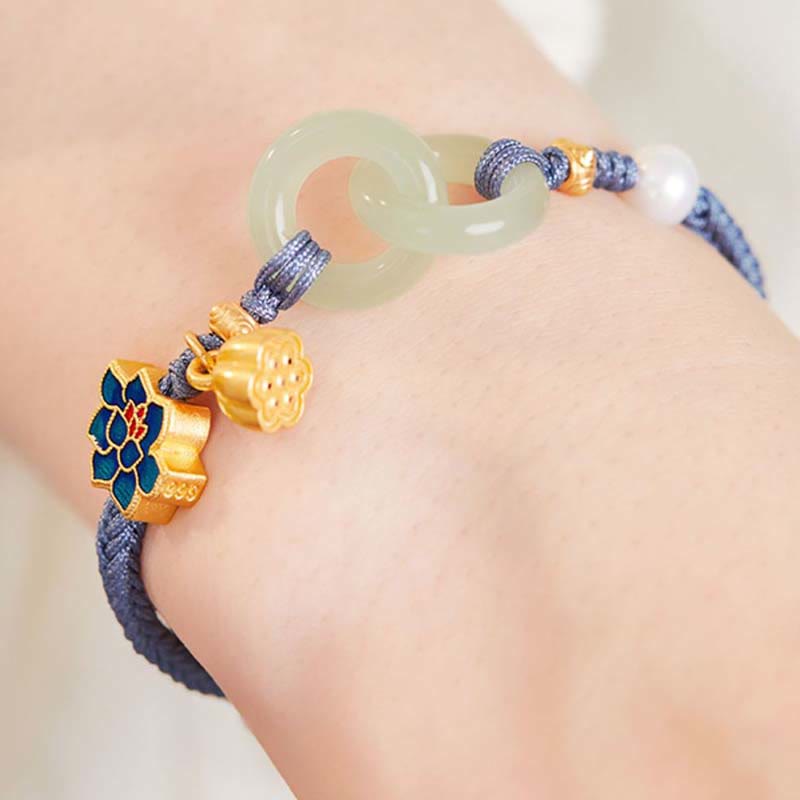 Gold Cord Jade Ring Bracelet – Interlocking jade with enamel flower on wrist, jade bracelet