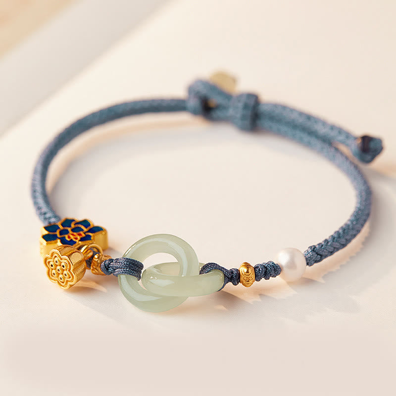 Hetian Jade Blue Cord Bracelet – Interlocking jade rings with enamel flower, jade bracelet