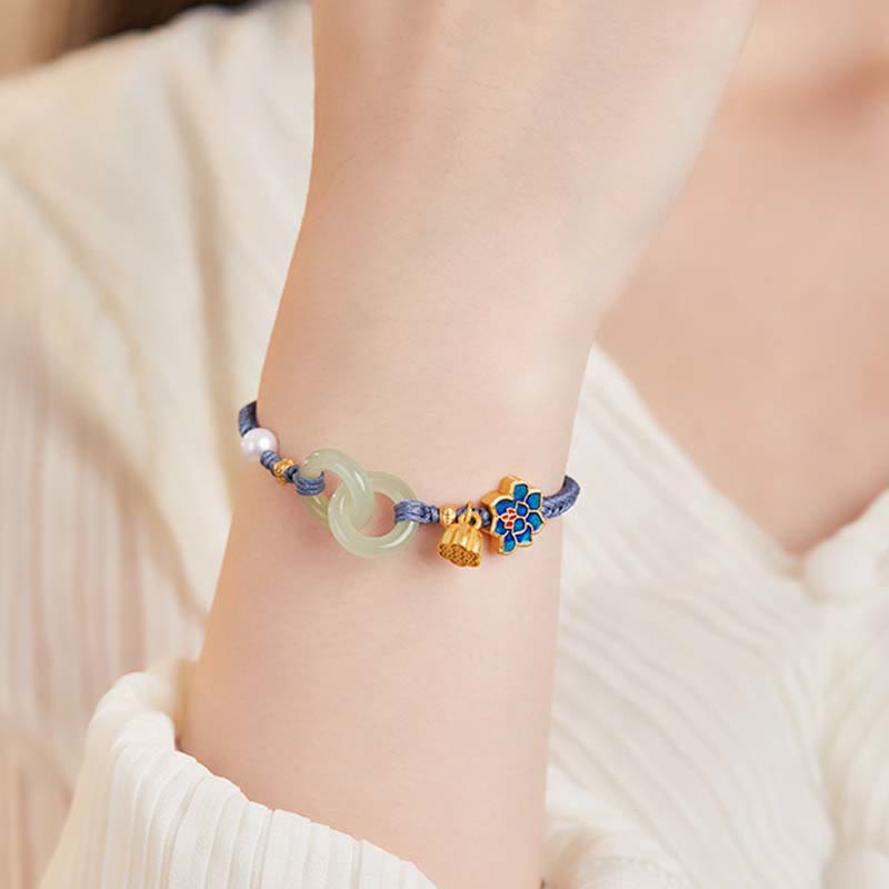 Hetian Jade Bracelet on Wrist – Blue cord with enamel charms lifestyle shot, jade bracelet
