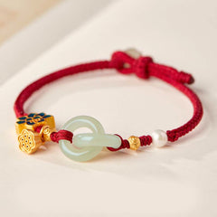 Hetian Jade Lotus Peace Buckle Bracelet – Interlocking jade rings with enamel flower, jade bracelet