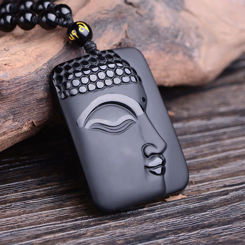 Natural Black Obsidian Buddha Prayer Necklace – glossy black obsidian Buddha head pendant on beaded chain, protection amulet