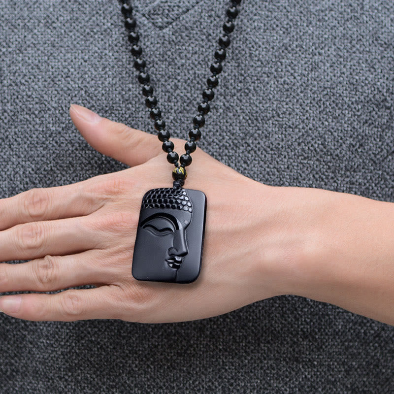Natural Black Obsidian Buddha Prayer Necklace – back of Buddha head showing smooth obsidian and bail attachment