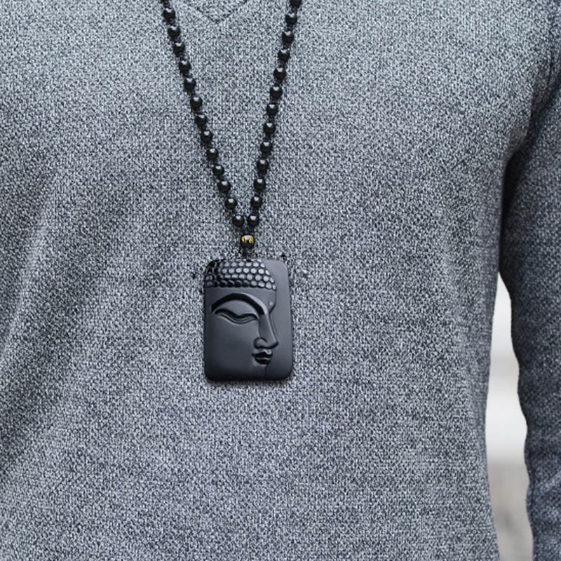 Natural Black Obsidian Buddha Prayer Necklace – model wearing short choker style, bold spiritual statement necklace