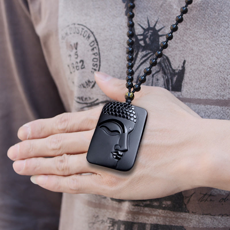 Natural Black Obsidian Buddha Prayer Necklace – in black velvet pouch with drawstring, mystical gift packaging