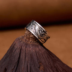 Koi Sutra Copper Ring – Side view showing copper patina and adjustable open band, luck wealth ring