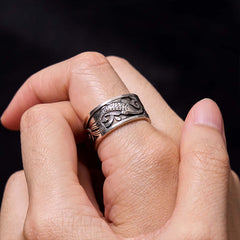 Koi Sutra Copper Ring – Top view of full ring face with koi and sutra design, copper luck jewelry