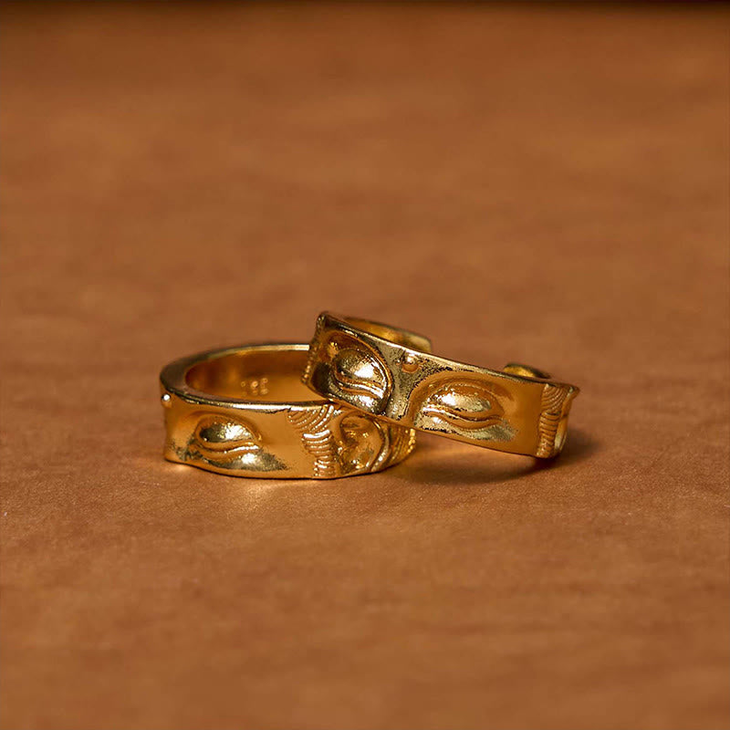 Golden Meditation Buddha Ring – front view meditation ring detail, golden buddha copper jewelry