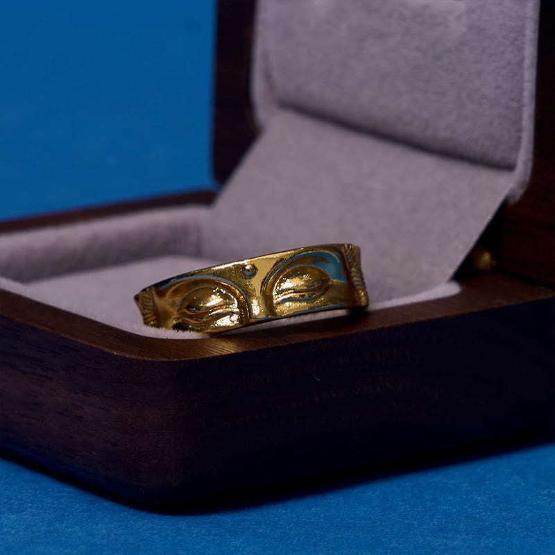 Golden Meditation Buddha Ring – back view adjustable opening design, copper ring fit mechanism
