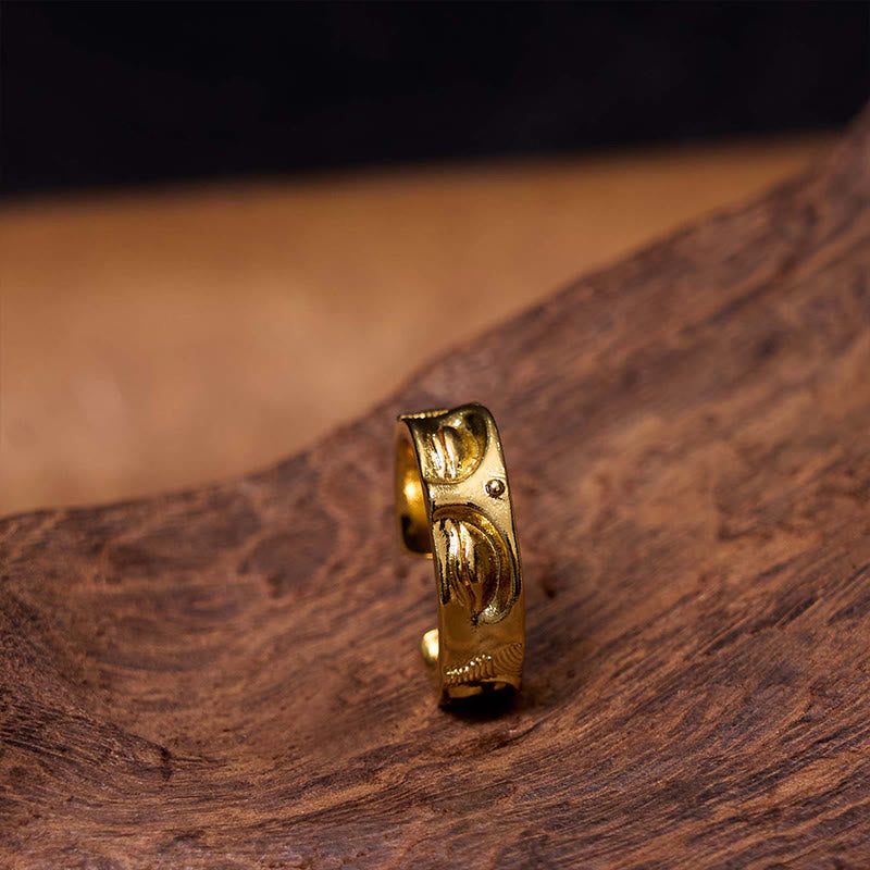 Golden Meditation Buddha Ring – side angle buddha figure on ring, golden meditation ring profile