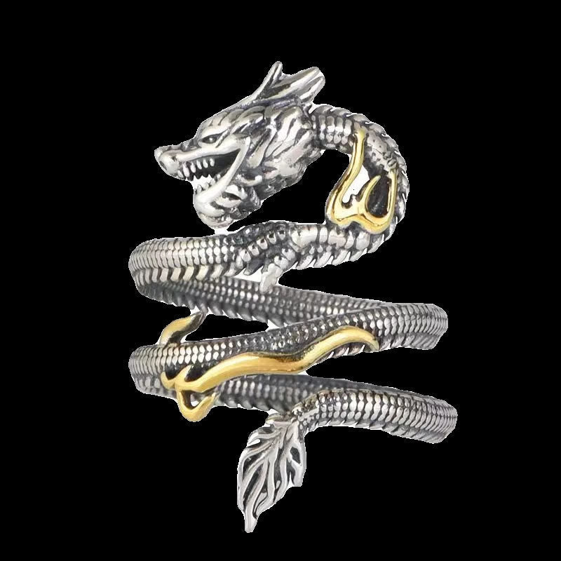Vintage Dragon Copper Ring | Strength & Wisdom – two-tone silver gold dragon spiral ring on black, bold