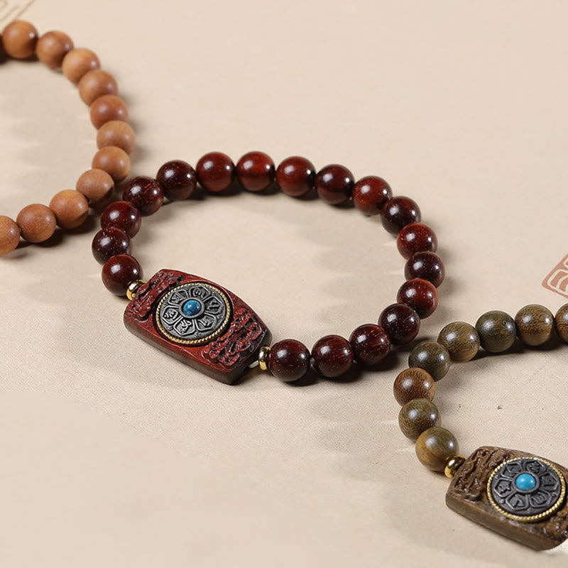 Sandalwood Six True Words Bracelet - Red, natural, and green sandalwood variants with turquoise charms