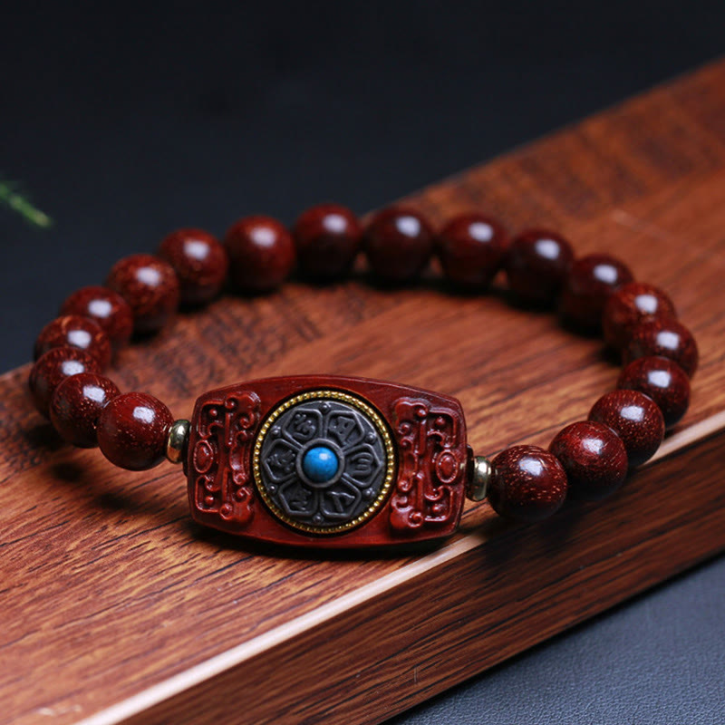 Sandalwood Six True Words Bracelet - Red sandalwood beads with ornate mantra plaque, Buddhist jewelry