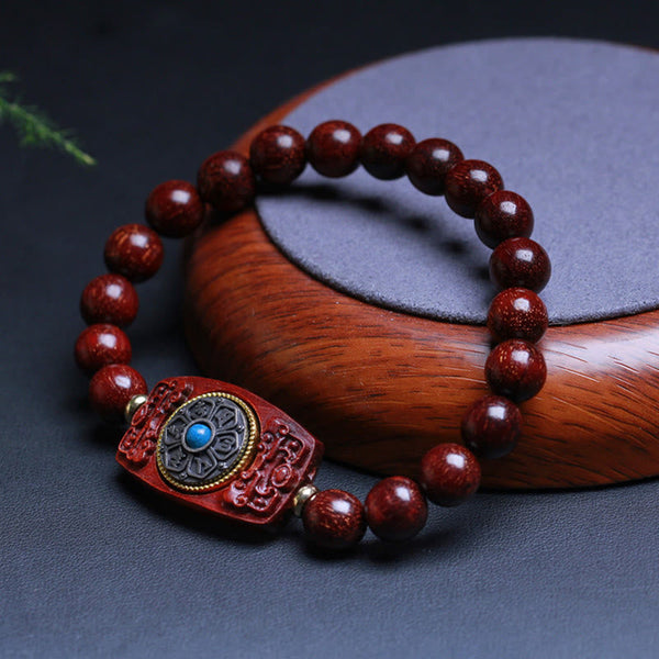 Sandalwood Six True Words Bracelet - Rectangular charm with blue stone on wooden beads, zen jewelry