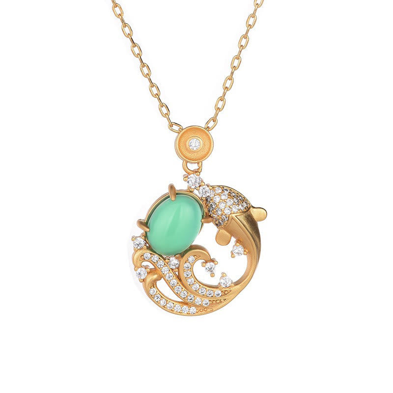 Green Chalcedony Koi Fish Necklace - koi pendant with mint green chalcedony and crystal waves on white background