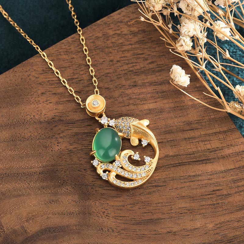 Green Chalcedony Koi Fish Necklace - koi pendant with jade cabochon and crystal waves on teal fabric, Asian jewelry