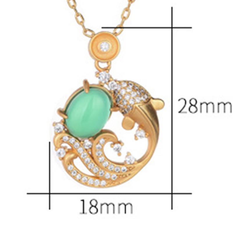 Green Chalcedony Koi Fish Necklace - front view pendant with 18x28mm size guide, gold koi and green stone on white