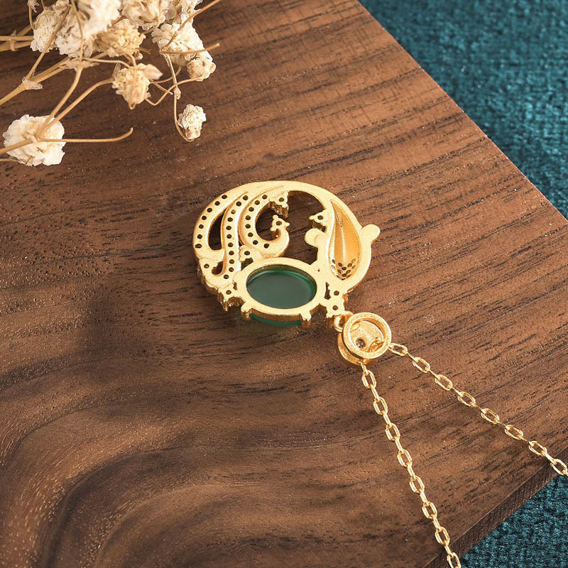 Green Chalcedony Koi Fish Necklace - twin koi yin-yang openwork pendant with jade center, antique gold filigree