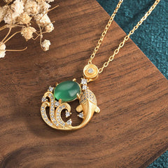 Green Chalcedony Koi Fish Necklace - sculpted koi with green gemstone and pave accents on walnut wood, zen jewelry