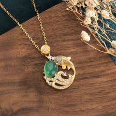 Green Chalcedony Koi Fish Necklace - koi pendant with jade cabochon and crystal waves on teal fabric, Asian jewelry